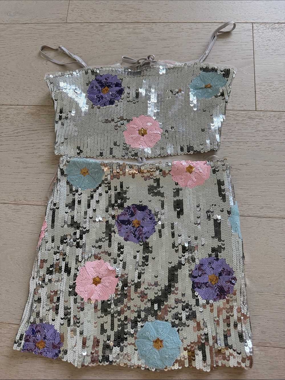 Eye of the Needle Silver Sequin Floral Two-Piece Set